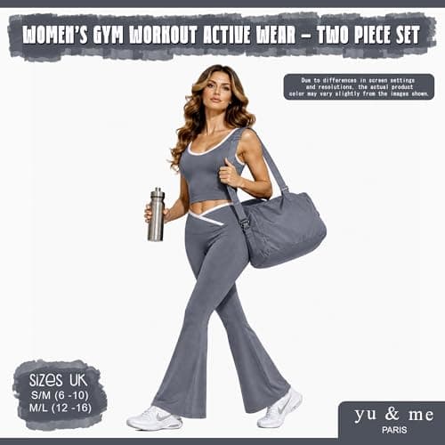 Grey Womens Summer Gym Set 2 Piece Activewear – Removable Sports Bra Pads & High Waist Flared Leggings – Stretch Yoga Workout Outfit – Supportive Fitness Co Ord Set S/M (UK 6–10) — view 4