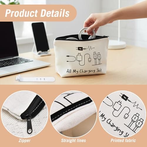XMDROU Charging Cable Organizer Bag, Travel Pouch Make Up Bag All My Charging Stuff Travel Bags Funny Zippered Cable Storage for Women Men with 6 Silicone Cable Ties Gadget Organiser Gift — view 3
