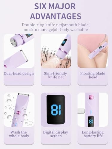 Upgraded Dual Head Shaver Women Intimate Shavers for Women Bikini Trimmer with Ceramic Blades, IPX7 Waterproof, USB-C Rechargeable, Cordless Painless Hair Removal for Face Legs Underarm Body (Purple) — view 2