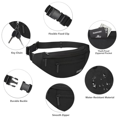 MAXTOP Black Bumbag Waist Fanny Pack for Men Women Bum Bag with 4-Zipper Pockets Travel Essentials for Outdoors Workout Hiking Running Cycling — view 4