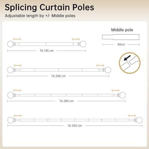 Curtain Poles for Windows 76 to 350 CM, 19MM Diameter Adjustable Drapery Rods for Eyelet Curtains, Extendable Metal Curtain Poles, for Living Room Bedroom, White — view 5