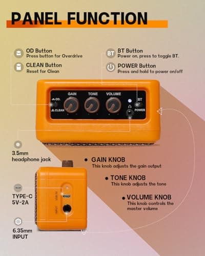 Leo Jaymz 5W Mini Guitar Amp, Portable BT Electric Guitar Amplifier, Dual Speaker Rechargeable, Clean & Overdrive Tone, Headphone Jack for Home Bedroom Travel Practice (Orange) — view 5