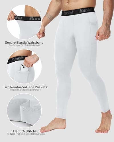 Runhit Mens Compression Pants with Pockets, Sports Base Layer Trousers, Thermal Tights Cycling Leggings for Running Training White M — view 4