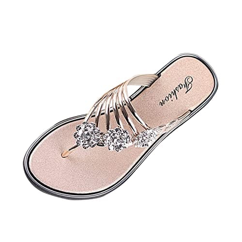 BFYSFBAIG Women's Diamante Sandal Glitter Slides Mules Summer Thong Sandals Stylish Flat Sandals Sparkly Flip-Flop Beach Shoes (Rose Gold, Adult, Women, 6, Numeric, UK Footwear Size System, Medium)