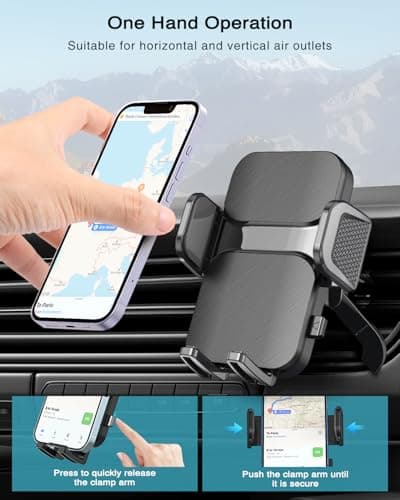 Hoppac Car Phone Holder, Air Vent Car Phone Mount Cradle, Upgrade Hook & Adjustable Support Feet, 360° Rotation & One Button Release, Universal Mobile Cradle Compatible with iPhone Max Android 4-7'' — view 4
