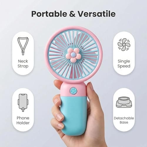PORUPAEL Handheld Fan, Cute flower Hand Desk Fan Rechargeable Mini Portable Fans Handheld USB Rechargeable Fans Hand Held Travel Cooler for Home Office Bedroom Outdoor Travel (Pink) — view 5