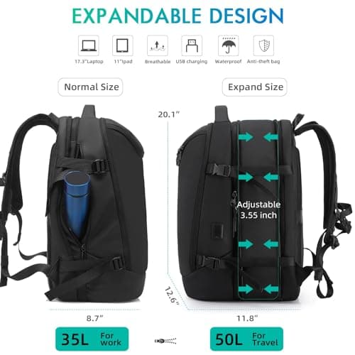 TANGCORLE Travel Carry on Backpack 50L Expandable Flight Approved Backpacks 17.3 inch Laptop and USB Charging Port bags Water Resistant Business Back Pack for Women & Men — view 5