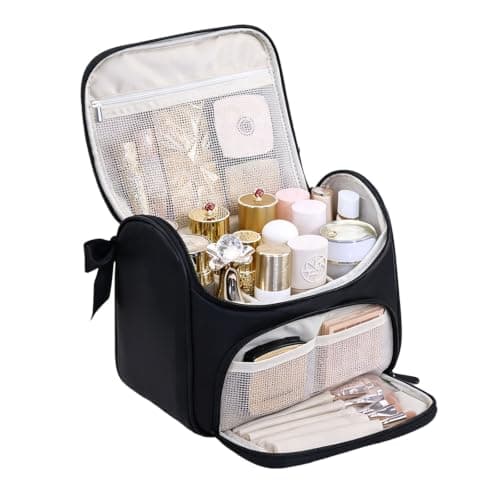 Large Makeup Bag Cosmetic Bags for Women, Make Up Travel Bag Organiser with Brush Compartments & Adjustable Dividers, Storage Case Portable PU Leather Vanity Cases Toiletry Bag - Black