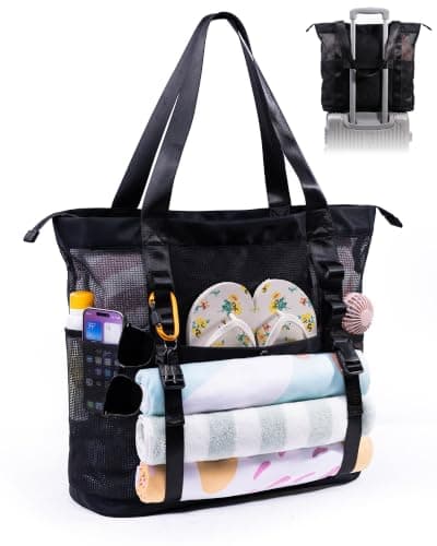 Elmklare 35L large Mesh Beach Tote Bag With Zipper for Women with 6 Pockets