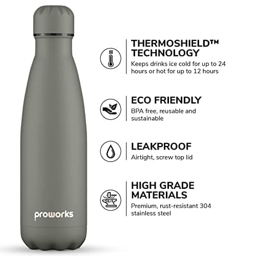 Proworks Performance Stainless Steel Sports Water Bottle | Double Insulated Vacuum Flask for 12 Hours Hot & 24 Hours Cold Drinks - Great for Home, Work, Gym & Travel - 500ml - BPA Free – Slate Grey — view 2