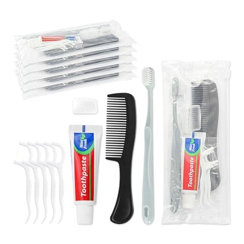Lilingsty Travel Toothbrush Kit Bulk, Toothbrush Toothpaste Set, Hygiene Kit Bulk with Floss Picks, Comb, Protective Case, Individually Packaged, Suitable for Home, Travel, and Hotels (5-Pack)