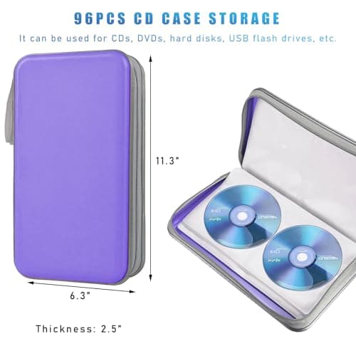 Sylvil Car CD DVD Case, 96 Capacity Hard Plastic CD Holder, Portable Zipper DVD Disc Organizer Storage Wallet with Closure and Handy Strap, Car Accessories for Home Office Travel (Light Purple) — view 2