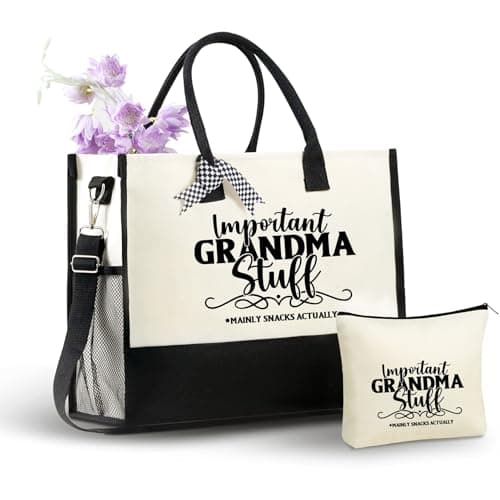INNObeta Grandma Gifts Tote Bag, Important Grandma Stuff Bag with Top Zipper Closure Shoulder Strap for Birthday, Mother's Day, Christmas