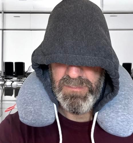 2-in-1 Hooded Travel Neck Pillow, Memory Foam U-Shaped Cushion with Hood, Grey and Dark Grey — view 6