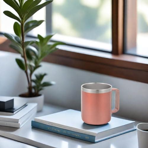 Volhoply 14oz Insulated Stainless Steel Coffee Mug with Leakproof Lid,Double Wall Vacuum Travel Coffee Cup with Handle,Reusable Metal Tumbler,Camping Mugs Keep Hot,Christmas Gifts(Rose Gold,1) — view 5