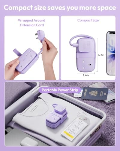 NTONPOWER Travel Extension lead with USB Slots,Rollable 1.2M Extension Cord with 2 Way Outlets 3 USB（1 Type C), Purple Extension Lead for Cruise Travel Essentials Hotel Home Office — view 2