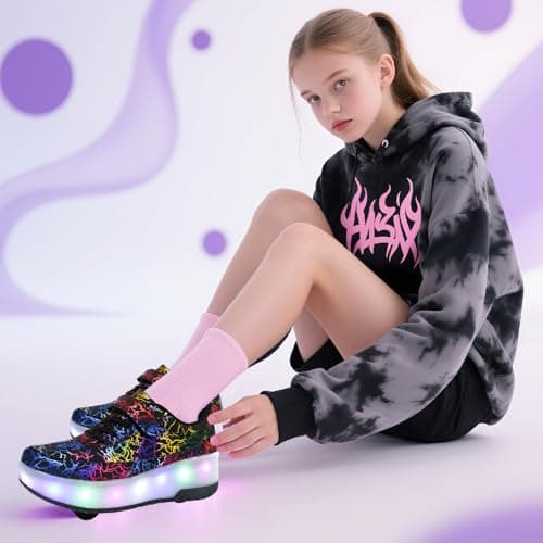 HUSKSWARE Kids Shoes with Wheels – LED Light-Up Roller Sneakers Boys Girls, Retractable Skating Trainers, USB Rechargeable Outdoor Sports Shoes EU 27-40 White Black Pink — view 3