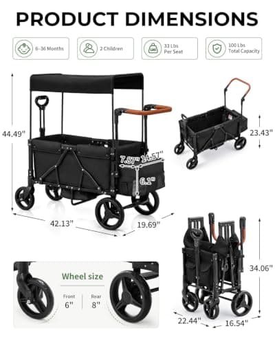 LALAHO Folding Wagon Stroller for 2 Kids with 5-Point Harness, Black — view 2