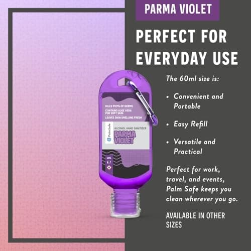 Palm Safe Parma Violet 60ml Anti Bacterial Premium Hand Sanitiser Travel Size Refillable Clip Bottle Quick Drying Non Sticky Extra Moisturising Kills 99.9% of Viruses and Bacteria — view 4