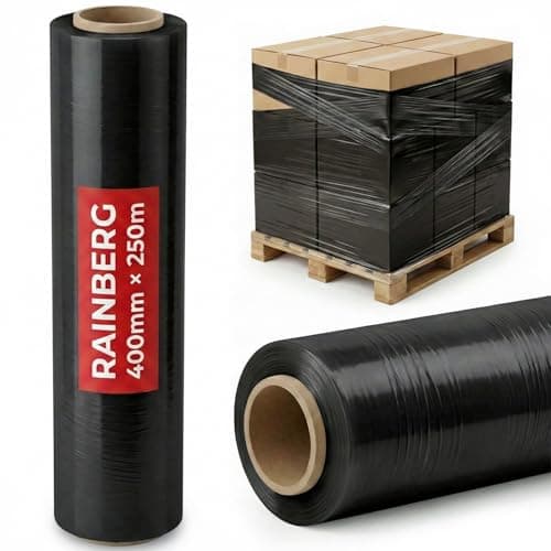 Rainberg Strong Heavy-Duty Stretch Film for Pallet Wrapping, Packaging and Moving for Furniture, Luggage, and Parcels, Water & Moisture Proof Pallet Stretch Shrink Wrap rolls 400mm x 250m (Black, 1)