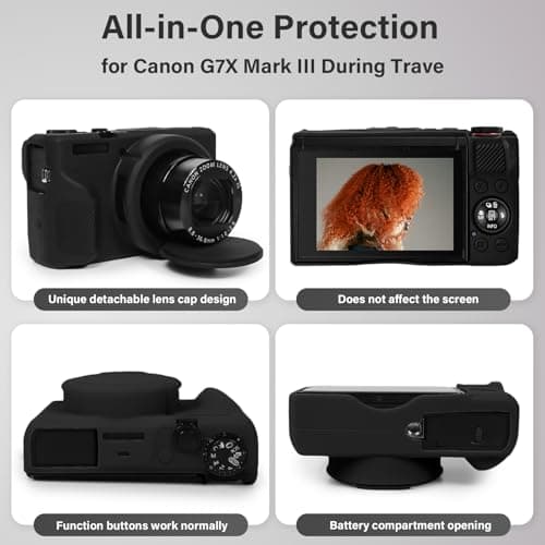 TYUANDOUER Case & Screen Protector Kit for Canon PowerShot G7X Mark III, Soft Silicone Protective Case, Anti-Scratch Grip Cover with Bracelet-Style Wrist Strap & Lens Cover, Lightweight - Black — view 4