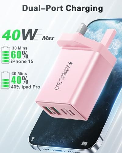 USB C Plug, 40W USB C Charger Fast Charging Plug Multi USB Plug Dual Port Type C Power Charging Head Adapter Wall Plug for iPhone 16/15/15 Plus/15 Pro/15 Pro Max, 14/13/12, X XS XR, iPad, Samsung — view 2
