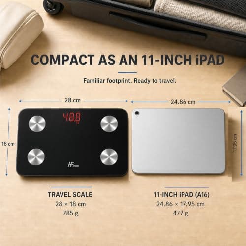 HFitness Travel Scale for Body Weight Mini Portable Digital Bathroom Scale with App for iOS and Android 19 Body Composition Metrics 180 kg Capacity 28x18 cm Black — view 4