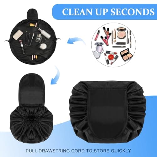 URAQT Lay Flat Drawstring Makeup Bag, Large-Capacity Travel Cosmetic Pouch, Portable Quick Pack Lazy Drawstring Make Up Bag for Daily Use, Magic Cosmetic Bag with Small Pocket for Women, Black — view 5