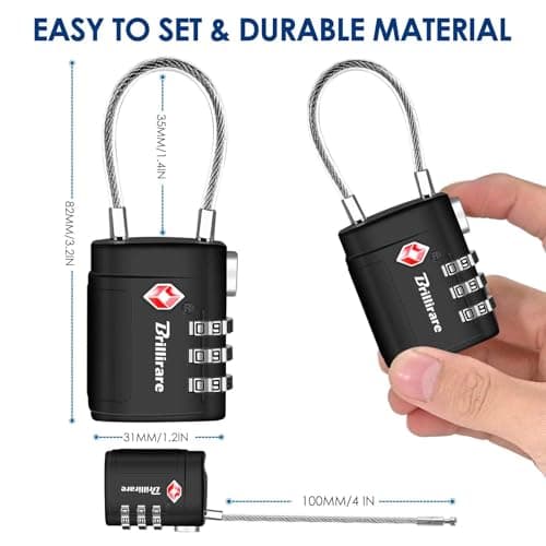 2 Pack TSA Approved Luggage Locks, Combination Travel Cable Suitcase Padlock with Alloy Body, Metal 3-Digit Waterproof Lock, TSA Accepted Outdoor Keyless Resettable Lock for Lockers, Bags, Gym-Black — view 2