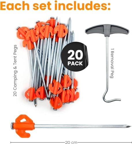 Heavy Duty Tent Pegs - 20cm x 20 Pack Orange Hard Ground Tent Pegs, Camping Pegs, Awning Peg for outdoors, Strong Galvanized Steel with Storage Case and Peg Remover — view 3