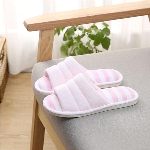 Home Slippers for Women Memory Foam Soft Cotton Indoor House Shoes Open Toe Slip on Stripe Slides Travel Hotel Spa Bedroom Slippers Pink — view 2