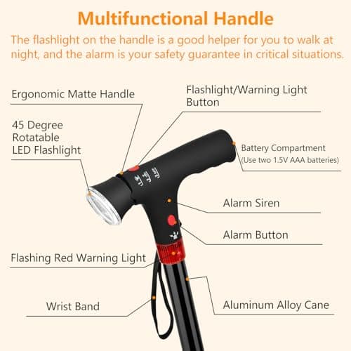 LINGTHIN Walking Stick 265 lbs Capacity, Height Adjustable Walking Stick with LED Flashlight, Warning Light and Alarm , Walking Cane for Seniors and Adults Who Need More Support. — view 3