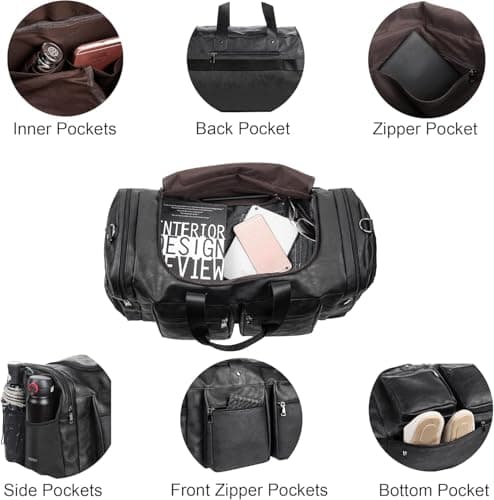 seyfocnia Weekender Bag with Shoe Compartment, Waterproof Pu Leather Overnight Bag Weekender Bag Mens Travel Duffle Bag Large Carry on Bag Travel Tote Duffel Bag for Men or Women-Black — view 4