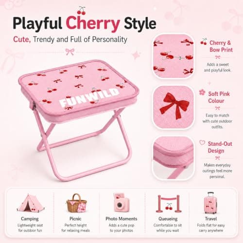 Xieesae 2-in-1 Folding Stool Bag, Lightweight Portable Camping Stool for Adults & Kids, Cute Cherry Foldable Compact Seat for Festivals, Travel, Picnic and Fishing — view 5