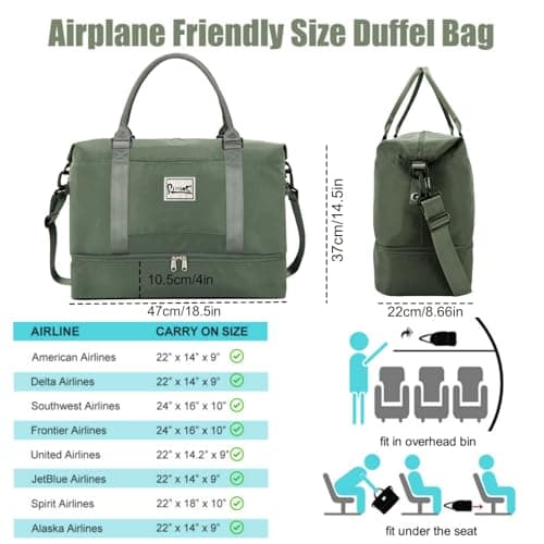 Large Weekender Bags for Women Travel Duffel Bag with Shoes Compartment & Wet Pocket, Carry on Bags for Airplanes Women, Duffel Bag Gym Tote Overnight Bag, Olive Green-A, L — view 3