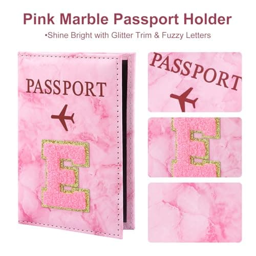 ILIYAH Personalized Initial Passport Holder – Pink Marble Chenille Letter, Waterproof PU Leather Passport Cover, Cute Travel Gift for Women and Girls — view 2