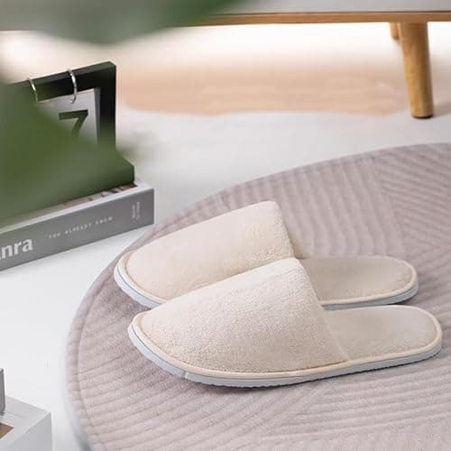 JISRKP 3 Pcs Disposable Hotel Slippers, Soft Coral Fleece Spa Slipper For Women, Hotel Travel Spa Portable Slippers Home Guest Indoor, Unisex Padded Sole Guest Sli-ppers, Beige — view 3