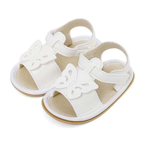 LACOFIA Baby Girls Sandals Infant Breathable Summer Sandals First Walking Shoes with Anti-Slip Soft Sole White Butterfly 12-18 Months