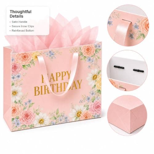 OMBRISA Birthday Gift Bag for Present 2Pcs, Happy Birthday Party Present Bags with 6 Tissue Paper and 2 Greeting Card, Luxury Paper Gift Bags, Pink Wrap Wrapping Bag for Girl Women Gift (30x12x22cm) — view 3