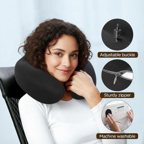 Romon U Shaped Travel Pillow,Travel Memory Foam Pillow,360° Ergonomic Support,Adjustable Lanyard,Hard Case For Airplane Car Train Black — view 6