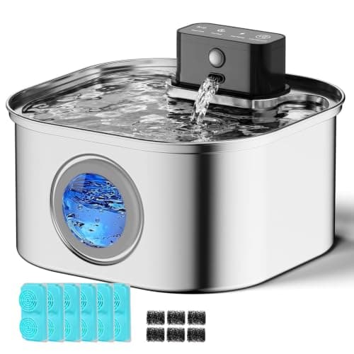 VinDox Wireless Cat Water Fountain for Drinking,108oz/3.2L 20dB Ultra-Quiet 4200mAh Battery Operated Stainless Steel with Motion Sensor for Cats & Dogs (6 Filters + 6 Sponges)