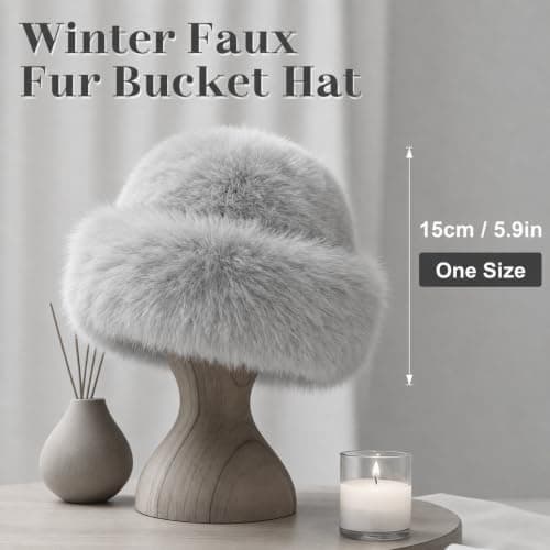 Faux Fur Bucket Hat for Women, Russian Style Winter Fluffy Fuzzy Ladies Hats Travel Hiking Work Home, Chapeau Fourrure Femme Winter Fashion Gift (Grey) — view 2