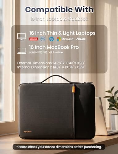 ROEPHY 16 Inch Laptop Sleeve Case, Water-Resistant Laptop Protective Carry Case with Retractable Handle for New MacBook Pro M5 Pro/Max (2026) M4/M3/M2/M1,Lenovo HP ASUS Dell Acer Chromebook, Black — view 2