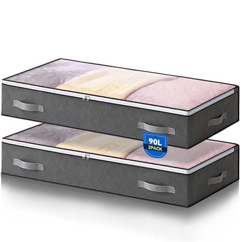 AIOR 2 Pack 90L Under Bed Storage Bags, Large Capacity Closet Organizer Bags for Clothes, Comforters, Blankets, Bedding, Foldable Container with Sturdy Zipper and Clear Window
