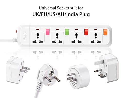 UK to EU Travel Extension Lead, Mscien 4 Way Individual Switches Universal Power Strip Overload Protector With 1.8M Extension Cord — view 3