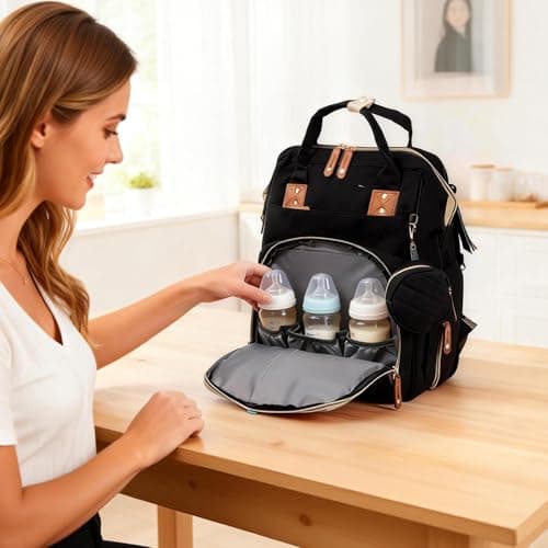 Minifactory Baby Changing Backpack with Changing Mat, Large Capacity Nappy Bag Backpack with 14 Organised Pockets, Waterproof Diaper Bag, Insulated Bottle Holder, USB Charging Port (Black) — view 4