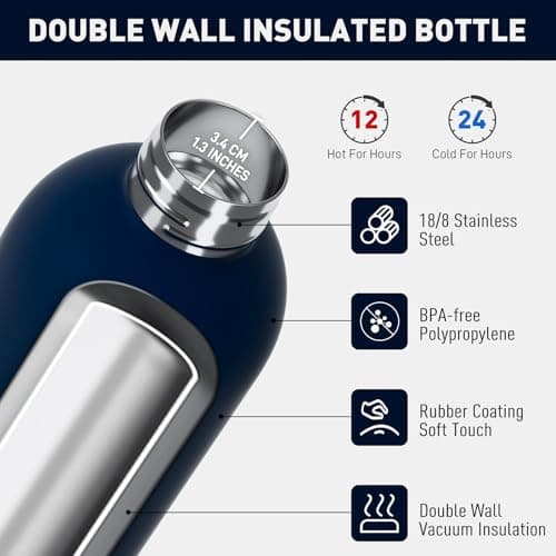 Exllena Insulated Water Bottles 500ml with Clip, Double Wall Vacuum Drinks Bottle Keeps Drinks Cold 24 Hrs/Hot 12 Hrs, Stainless Steel Water Bottle BPA Free (Dark Blue) — view 3
