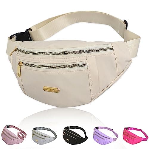 Yoolly Bum Bag for Women Men, Fashion Fanny Pack with 3 Zipper Pockets & Adjustable Strap, Lightweight Waist Bags for Travel, Running, Cycling, Hiking (Beige)