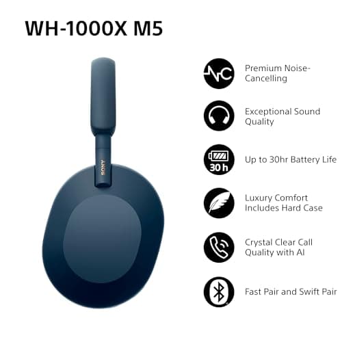 Sony WH-1000XM5 Wireless Over-Ear Headphones, Premium Active Noise Cancelling with personalized Spatial Audio, Up to 30hr Battery Life, Bluetooth Headphones, Midnight Blue — view 2