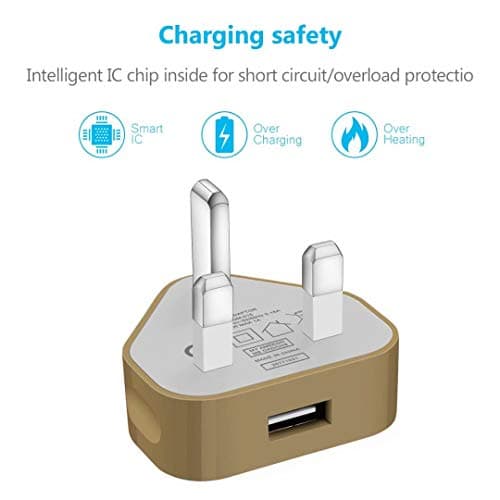 USB Compact Universal UK Mains Charger 1000 mAh CE Approved Adapter Cable Compatible with Mobile Phones iPhone 5 6 7 8 X iPod/Samsung Galaxy S2 3.4 S5 S6 S7 S8 S9/Smart phones/Media devices (Gold) — view 3